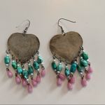 Vintage large silvertone hearts with birds boho statement beaded earrings Pink Photo 3