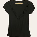 Timing T-Shirt Ruffled Faux V-Neck Collar Short Sleeves Black Stretch Ribbed Top Photo 1