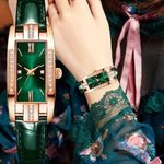 Vintage Rectangle Ladies Quartz Watch with Rhinestone, Roman Numeral Dial Green Photo 1