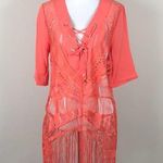 Swim Coverup Lace Up Fringe Quarter Sleeve Photo 2