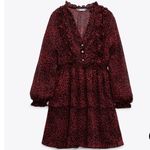 ZARA NEW  Long Sleeve Animal Print Burgandy Ruffle Dress Size Medium Elastic Band Photo 5