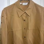 Kathy Che Stretch e Brown Button Up Tab Sleeve Military style Top size 14 Tan Photo 2