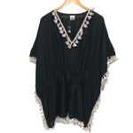 La Leela Womens Kimono Blouse Pom Pom Cover Up Swimwear Black One Size NWT Photo 1