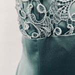 Vintage 90s Satin Gown Fit & Flare Floral Lace Bodice Bow Back Mint Green Blue 4 Photo 3