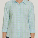 LL Bean Green Blue Plaid 3/4 Sleeve Button Cotton Seersucker Shirt Size MEDIUM Photo 0
