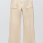 ZARA  WIDE LEG JEAN PANTS Beige/Light Yellow Color Size L NEW Photo 5