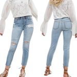 Free People Lacey Stilt Distressed Denim Lace Trim Jeans Light Blue Size 28 Photo 1