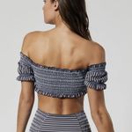 Jonathan Simkhai Striped Smocked Off Shoulder Puff Sleeves Bikini Top Gray Size M Photo 1