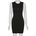 Solid Black Sleeveless Zip Up Mini Bodycon Dress Size M Photo 2