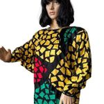 1980s Guy Laroche Silk Colorblock Mosaic Printed Dress Dolman sleeve size small Black Photo 6