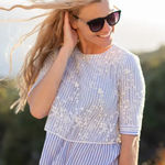 ZARA  Lace Overlay Blue White Striped Top Photo 0