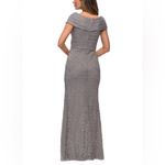 La Femme Off-the-Shoulder Cap Sleeve Ruched Lace Gown in Grey size 6 Photo 1