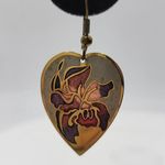 Vintage Embellished Heart Shaped Iris Flower Cloisonné Enameled Dangle Earrings Photo 3