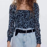 ZARA Blue Leopard Print Pleated Puff Long Sleeve Square Neck Crop Top Medium Photo 2