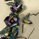 Vtg Purple Green Enamel Layered Open Rose Flower Button Covers Cloud Creations Photo 2