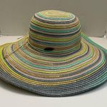 Panama Jack Hat Sun Straw Paper Wide Brim Beach Travel Striped Green Yellow Grey Photo 1
