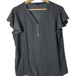 SheIn Gray Ruffle Sleeve Henley Short Sleeve Top L Photo 0