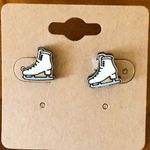 Handmade White Black Ice Skates Stud Earrings - Hand Painted Wood, Hypoallergenic Photo 2