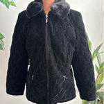 White Stag  Womens Black Quilted Velvet Faux Fur Collar Zip Up Jacket Medium 8 10 Photo 0
