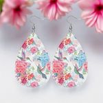 Pink Flower & Hummingbird Pattern Drop Earrings‎ Lightweight Faux Leather Photo 2