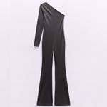 ZARA ASYMMETRIC FLARED POLYAMIDE JUMPSUIT One Sleeve Black Size M NEW Photo 6