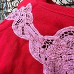 Vintage Red Sweatshirt pink crochet lace doily cutout LARGE Photo 4
