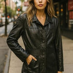 Vintage Pelle Studio Leather Trench Black 90s Grunge Moto Fall Red Lining XL Photo 1