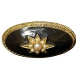 Vintage 1928 Brand Faux Seed Pearl Domed Oval Black Enamel Brooch Pin Gold Tone Photo 1