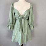 Charlie Holiday  Sonny Mini Dress Size 8 Sage Green Linen Cotton Long Puff Sleeve Photo 1