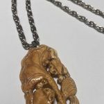 Carved Wood Pendant Forest Frog on Silver Tone Necklace Chain Photo 1
