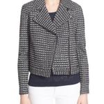 Tory Burch  Tweed Moto Jacket Black Knit Zip Front Leather Trim Small Old Money Photo 2