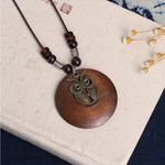 1pc Retro Owl Linen Accessories Ethnic Style Wooden Alloy Sweater Necklace Brown Photo 4