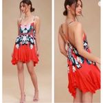 Free People  Dress Large Red Floral Print Mini‎ Tiered Ruffle Spaghetti Strap Photo 1