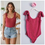 Anthropologie Blue Buttercup Deep Rose Ribbed Bow Tie Bodysuit Photo 1