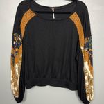 Free People  Causal Clash Waffle Knit Black Combo Blouse Photo 0