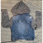 Free People Denim Jacket Distressed Hoodie Gray Knit Sleeves Women's XS Photo 7