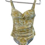Niptuck Womens Floral Yellow Gray White Ruched Bodice One Piece Swim Suit 8 Photo 0