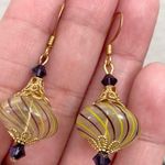 Vintage Handblown Glass Swirl Yellow/Purple Dangling Drop Earrings Photo 4
