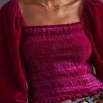 Anthropologie  Smocked Velvet Puff Sleeve Pink Magenta Square Neck Blouse Small Photo 0