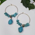 Boho Gold Hoop Earrings with Turquoise Blue Howlite Natural Stone Photo 0