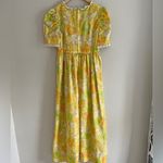 VINTAGE 60s 70s Yellow Floral Prairie Maxi Dress Puff Sleeve Square Neck Daisy S Photo 15