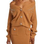 Self Portrait Diamanté Embellished Knit Tan Wool And Cotton Mix Cardigan Brown Size XL Photo 0