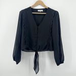 WAYF Black Long Sleeve Sheer Lace Trim Button Up Tie Front Blouse Top Large Photo 1