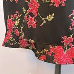 Bright pink and black floral elastic waist knee length skirt with flounce hem Photo 2