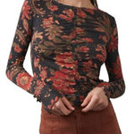 Free People  Dreamed Of You Shirt Womens Large Black Floral Ruched Boho Top Photo 0