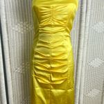 Cache Caché Yellow Satin Strapless Ruched Bodycon Cocktail Dress Photo 0