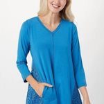LOGO By Lori Goldstein Blue 3/4-Sleeve Blouse Top w/Lace Inset Pockets XS NIP Photo 0