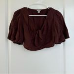 A New Day  Linen Blend Flutter Sleeve Tie Front Crop Shirt Brown Burgundy XS Photo 2
