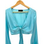 White Fox Boutique White Fox Satin Feather Trim Lounge Set Blue‎ Tie Front Top Pants Small Y2K Glam Photo 4