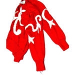 VINTAGE Christine Women’s L Sweater Red White Long Puff Sleeve V Neck Knit Size L Photo 0